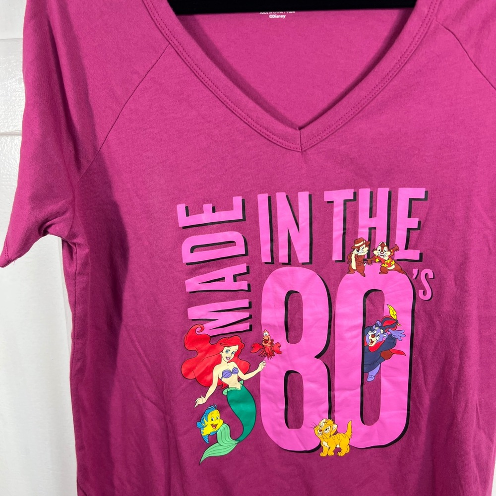 Disney Parks Made in the 80s Magenta V-Neck Graphic Tee Shirt Ariel Chip Dale L